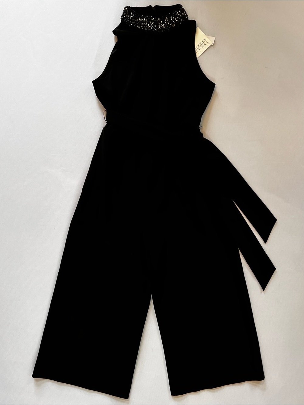 Badgley Mischka Black Beaded Halter Jumpsuit with Waist Sash (NEW) - Picture 4 of 16